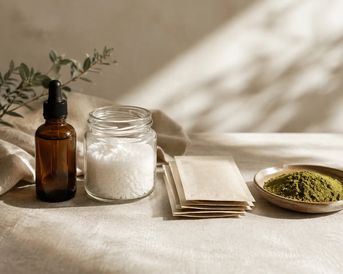 A dropper bottle, a jar of white granules, a stack of paper sachets and a dish of green powder arranged in a row
