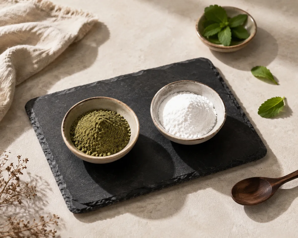 A dish of dull olive-green whole-leaf stevia powder next to a dish of bright white purified extract