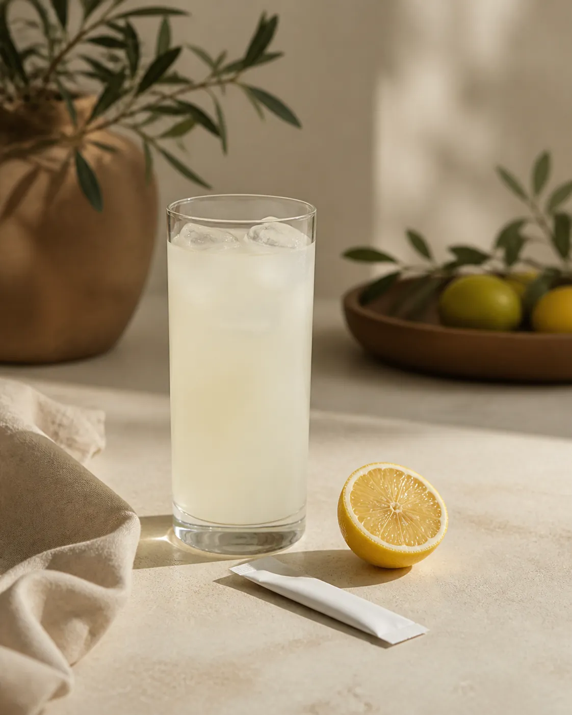 A tall glass of cloudy pale lemonade with a cut lemon half and a small white sachet resting beside it