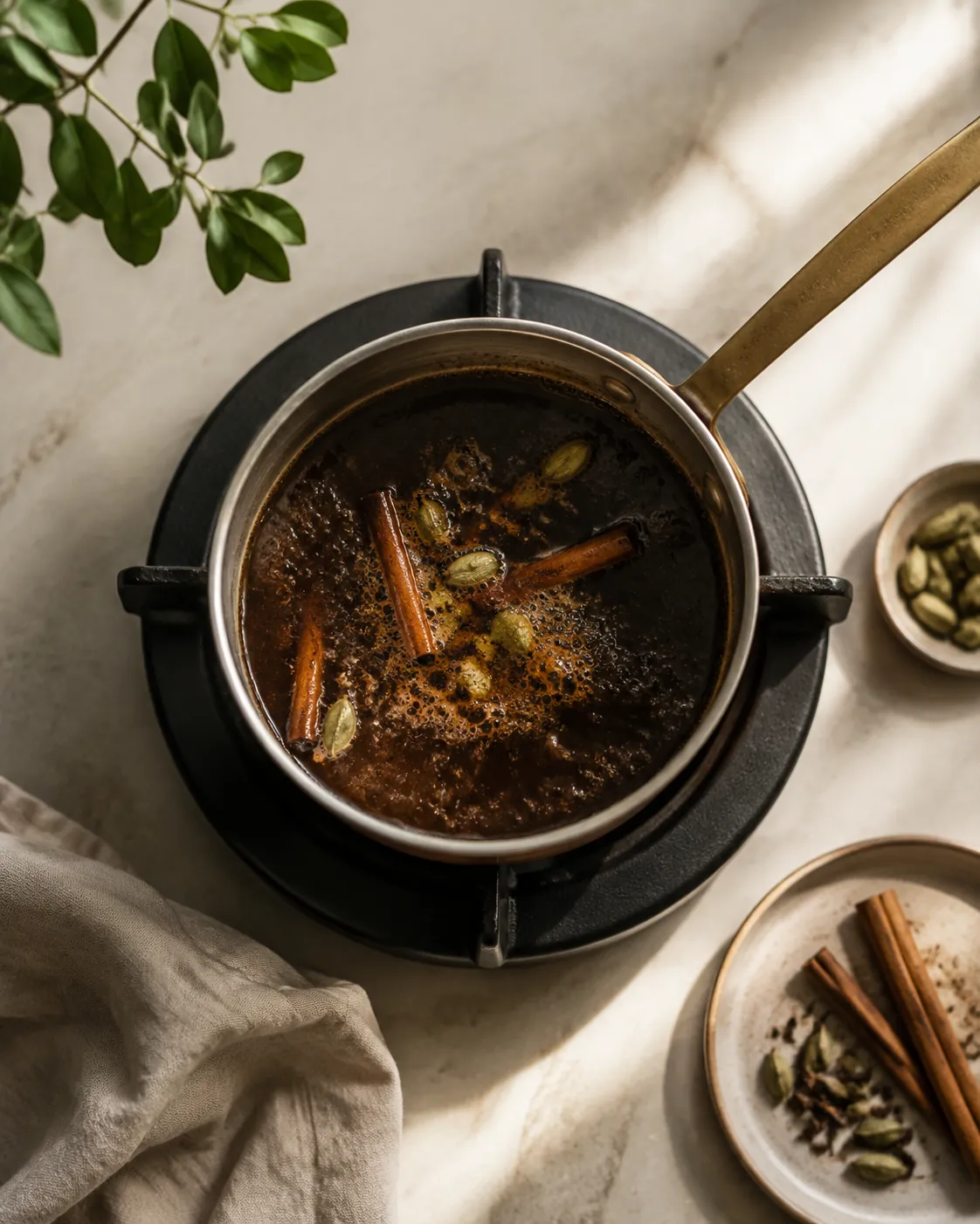 A small steel pan of dark spiced tea at a simmer with cinnamon bark and cardamom pods on the surface