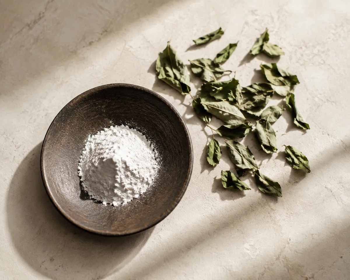 A small heap of fine white stevia extract powder beside a scatter of dried green stevia leaves on a dark dish