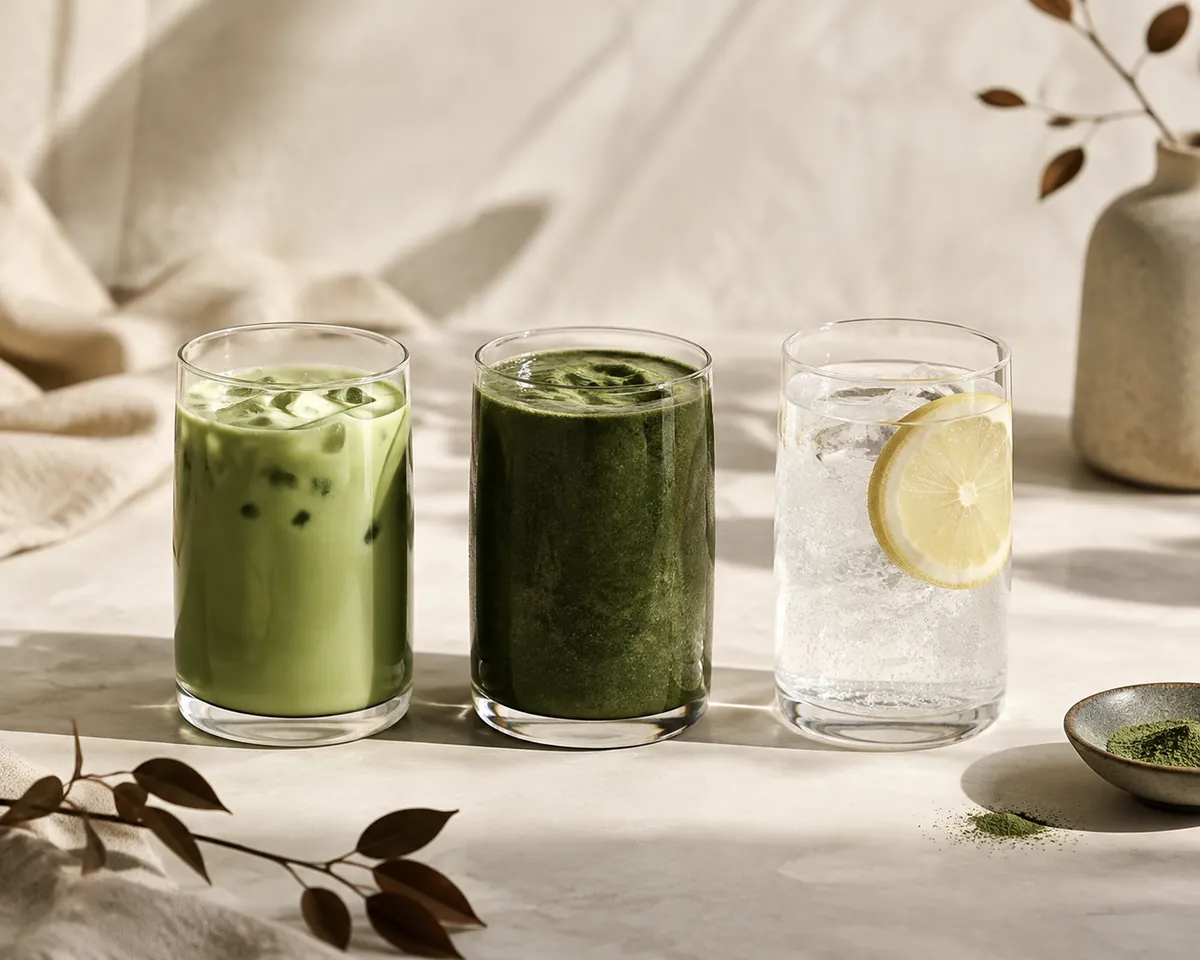 Three glasses in a row holding a pale green iced matcha, a thick green smoothie and a clear sparkling drink with a lemon slice