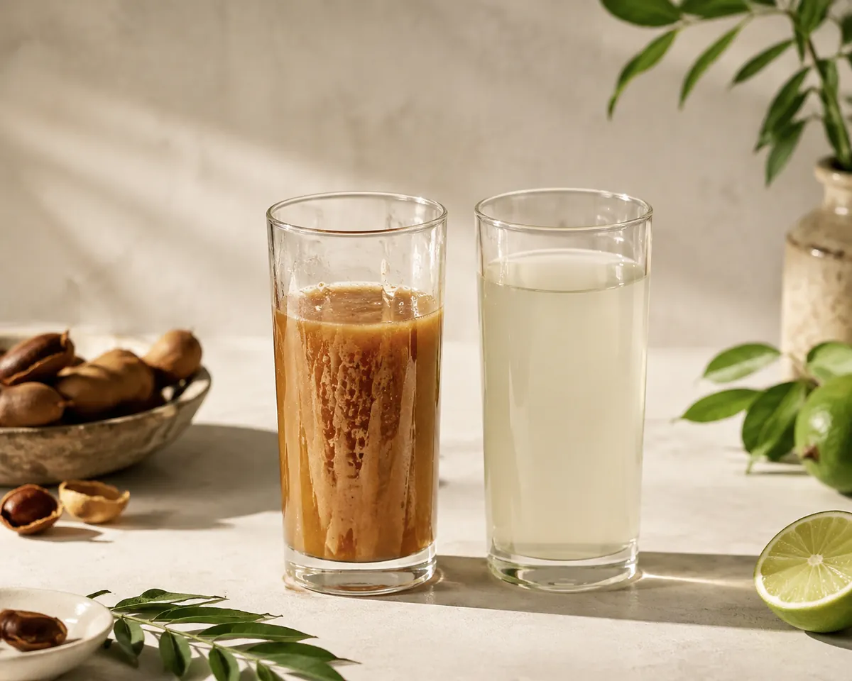 Two tall glasses side by side, one holding a syrupy drink clinging to the sides and the other a thin drink leaving the glass clean
