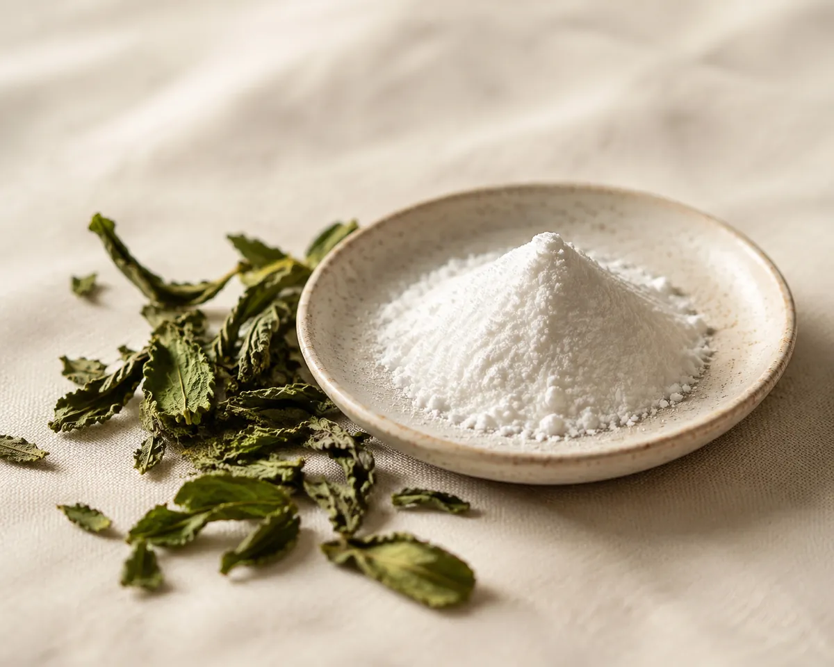 A small heap of fine white stevia extract powder beside dried green stevia leaves
