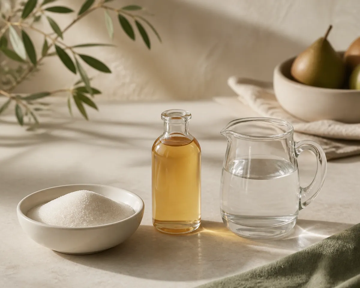 A small glass bottle of pale amber syrup standing between a shallow white bowl of granulated sugar and a clear glass jug of water