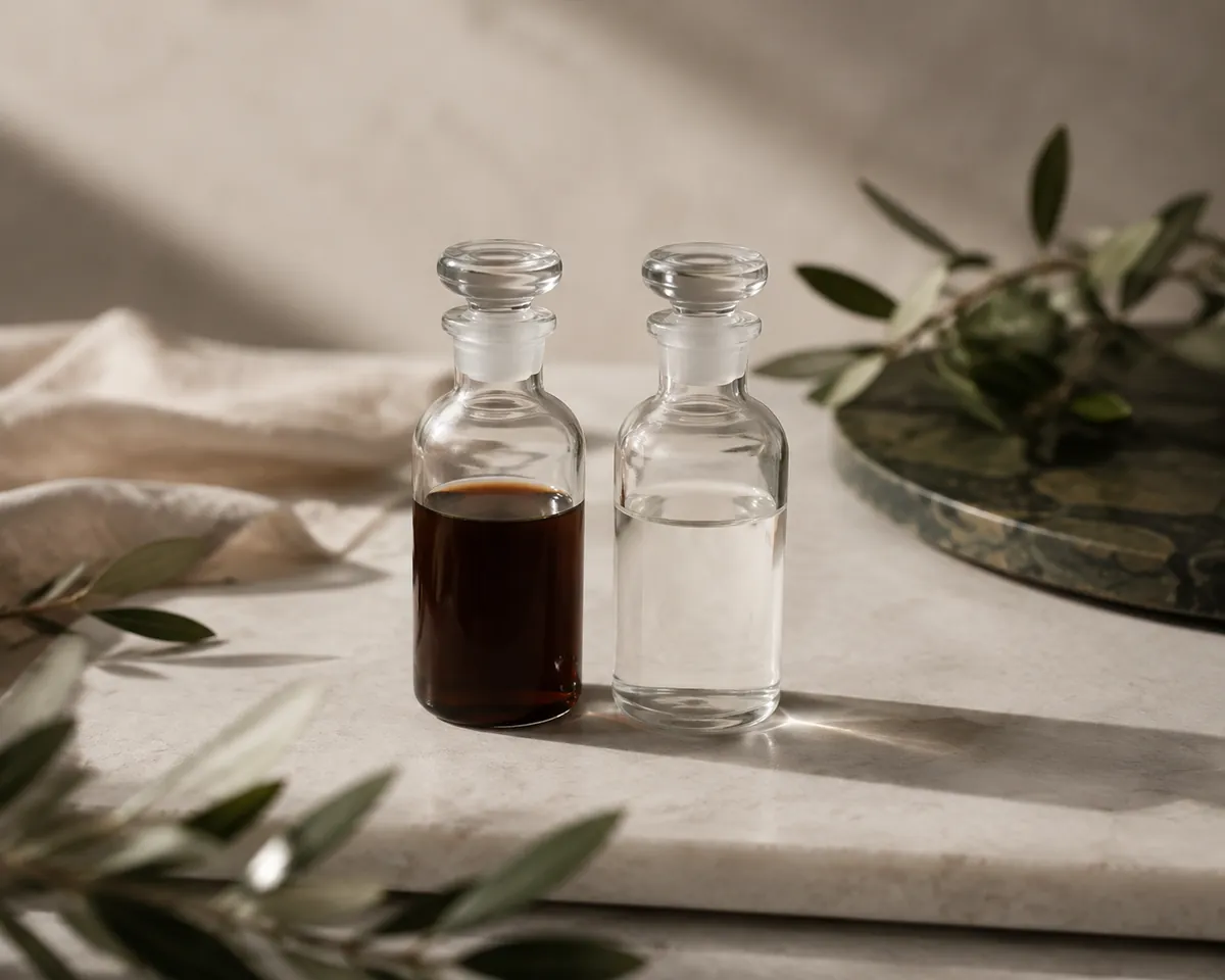 Two small clear glass vials side by side, one holding dark brown vanilla extract and the other a colourless liquid