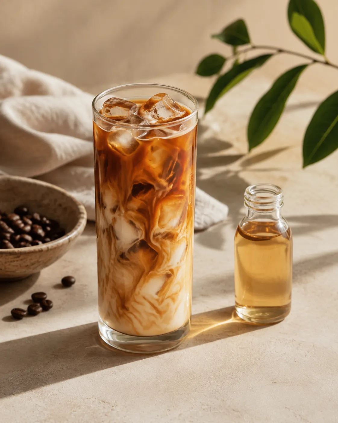 A tall glass of iced coffee with milk over large clear ice cubes, a small bottle of pale amber syrup standing beside it on a pale stone surface