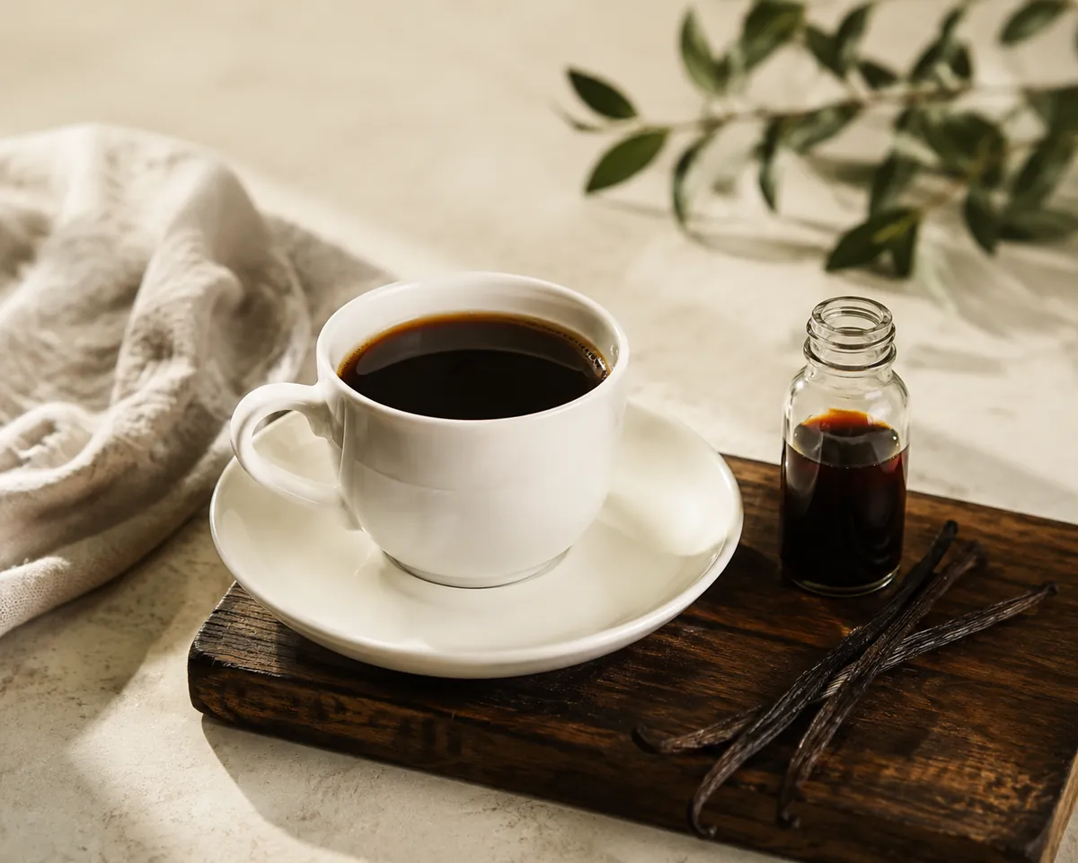 A white cup of black filter coffee on a saucer beside a small open glass bottle of dark brown vanilla extract