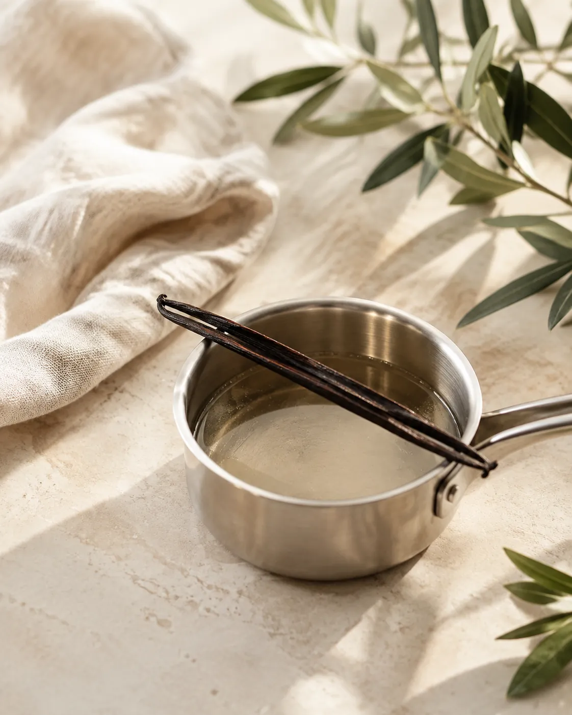 A small stainless steel pan of clear sugar syrup off the heat with a split vanilla pod resting across the rim