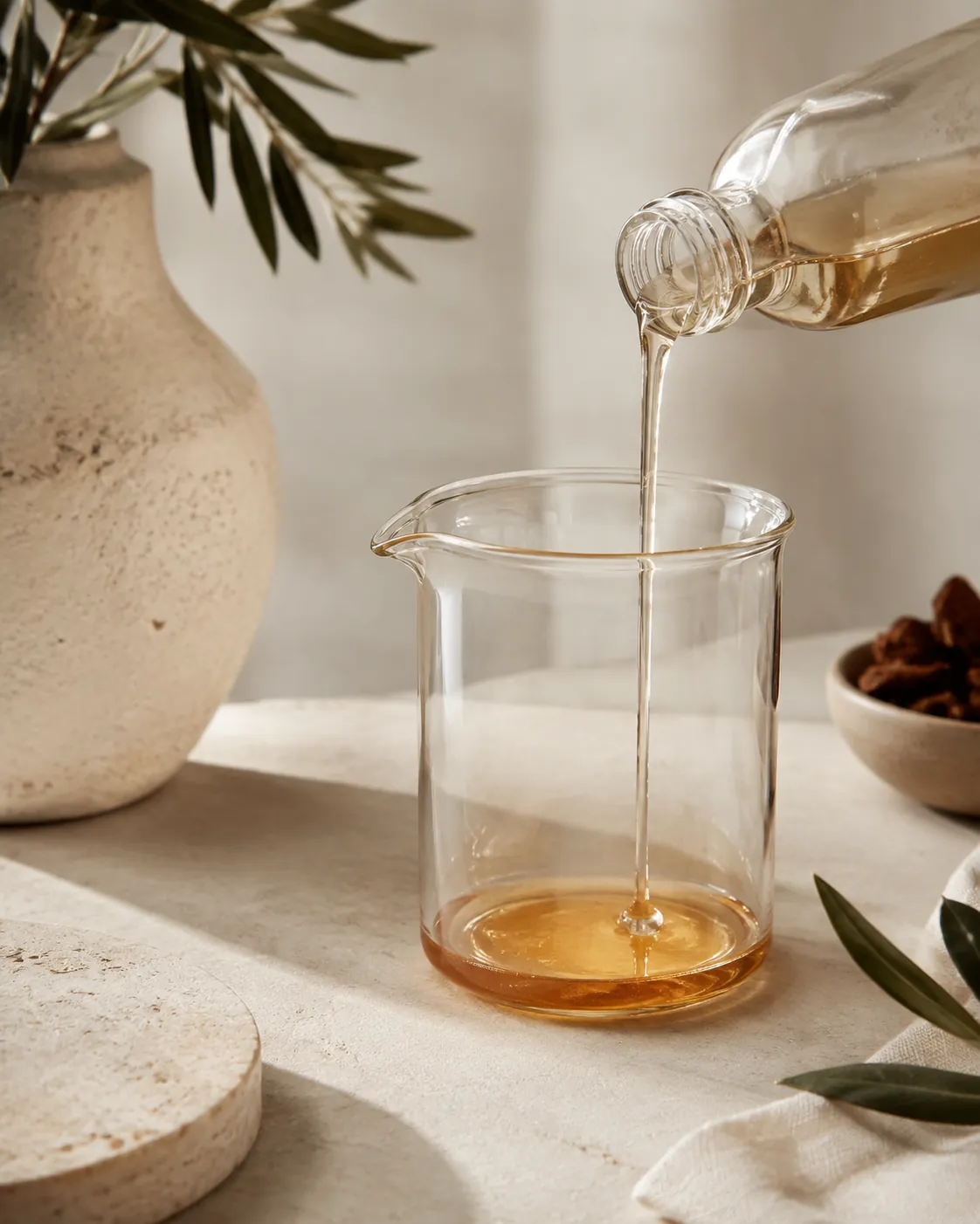 A thin stream of pale amber vanilla syrup being poured from a small glass bottle into a clear glass beaker on a pale stone surface