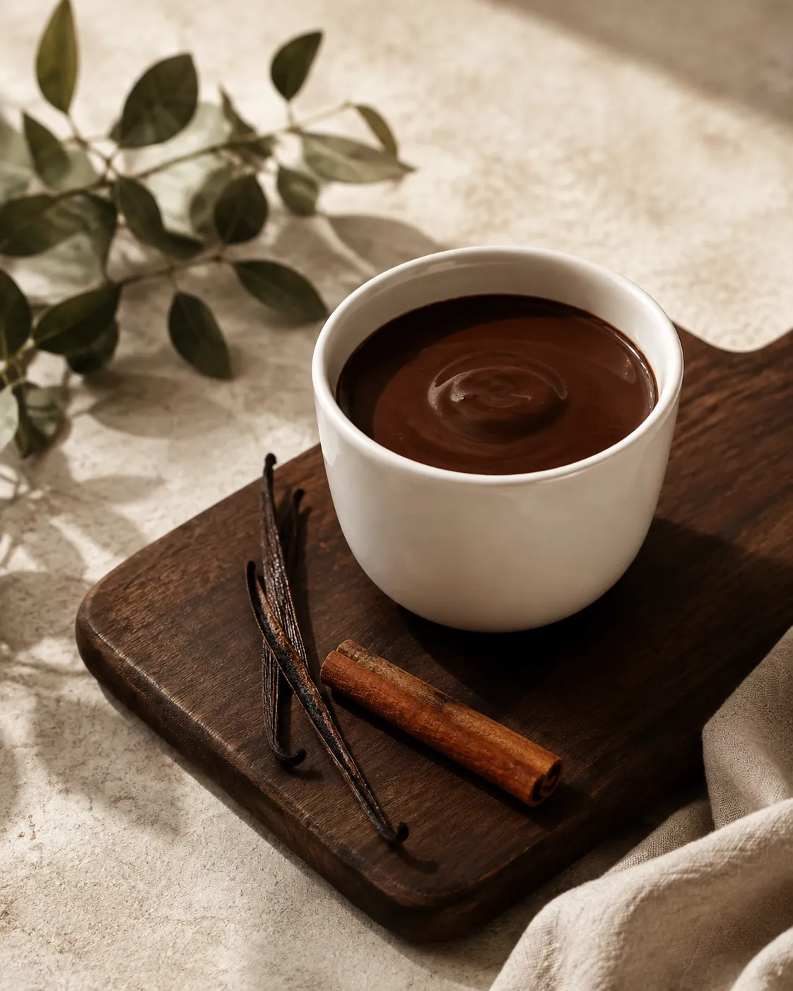 A white cup of hot chocolate on a dark wooden board beside a split vanilla pod and a cinnamon stick