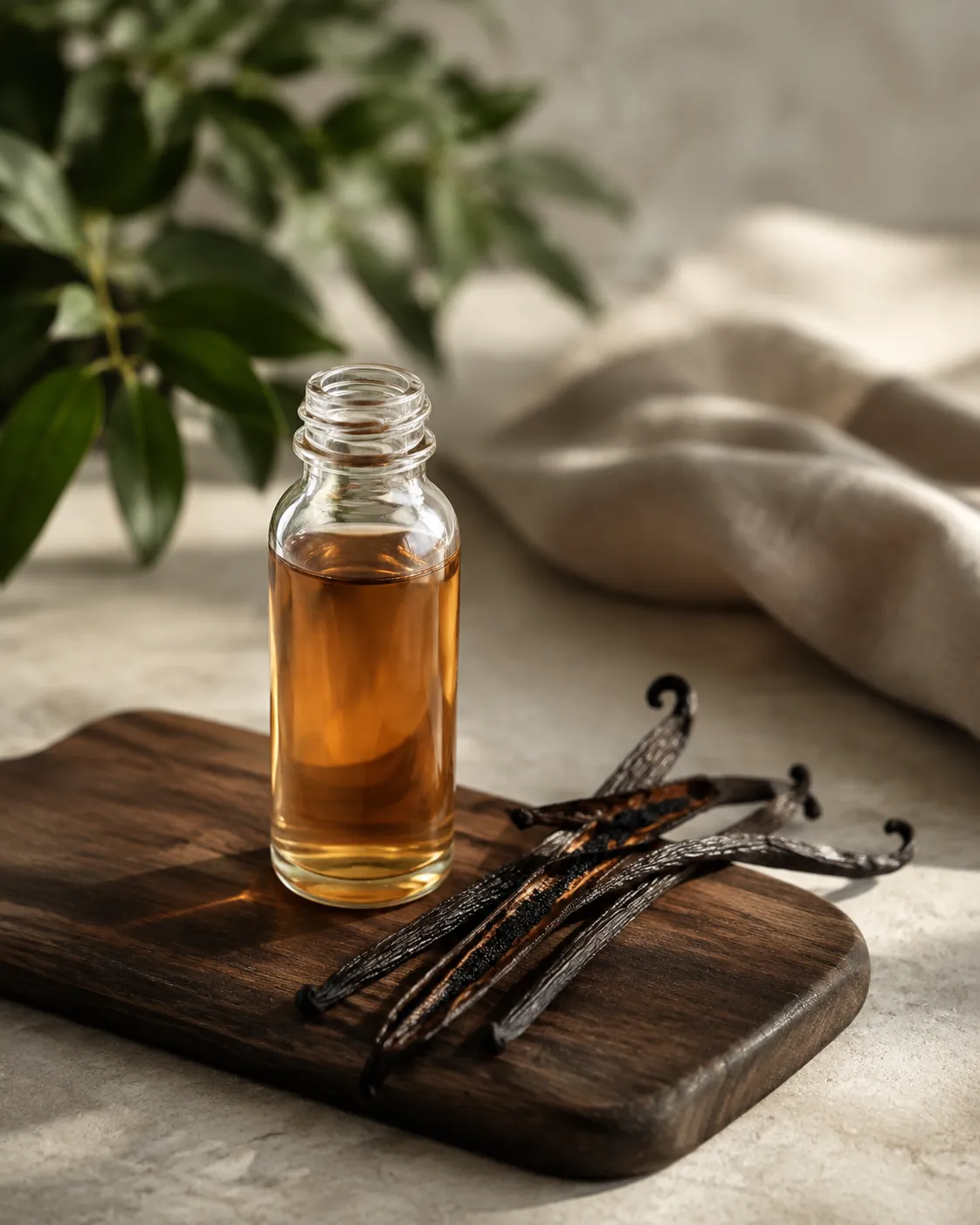 A small glass bottle of pale amber vanilla syrup beside split vanilla pods on a dark wooden board