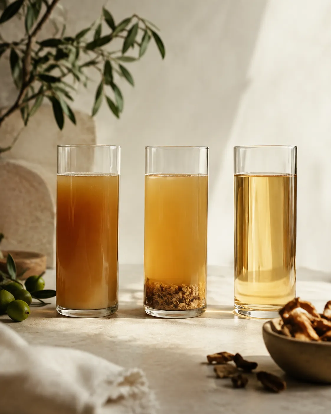 Three tall glass cylinders in a row, the first full of cloudy juice, the second with solids settled into a layer at the bottom, the third clear pale gold