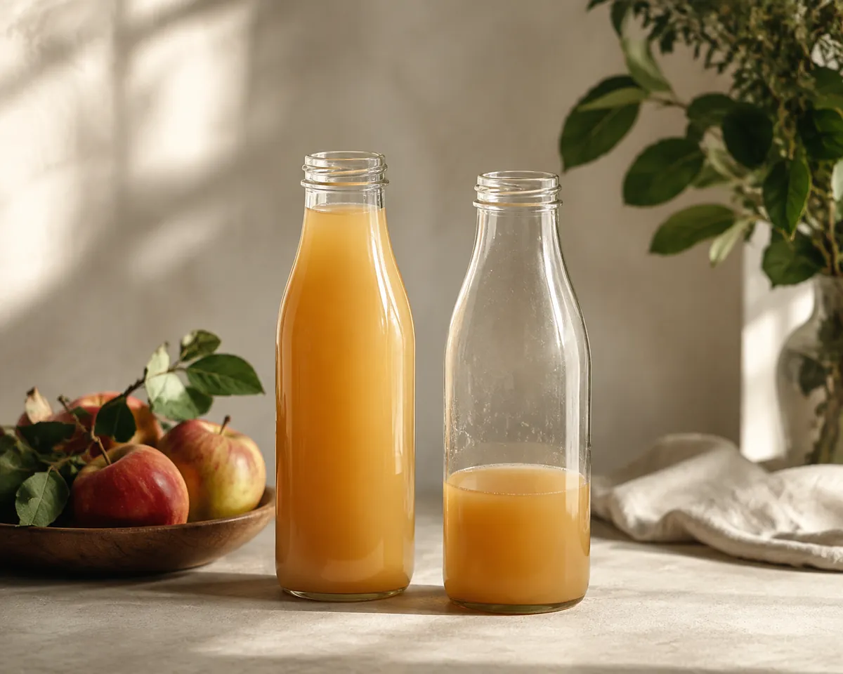 Two glass bottles of apple juice on a fridge shelf, one filled to the neck and the other a third full with a wide gap of air above the liquid