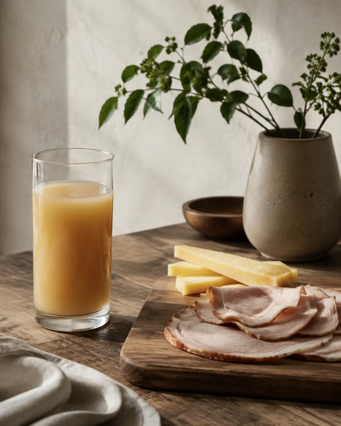 A glass of cloudy apple juice on a wooden table beside a board of sliced hard cheese and cold roast pork
