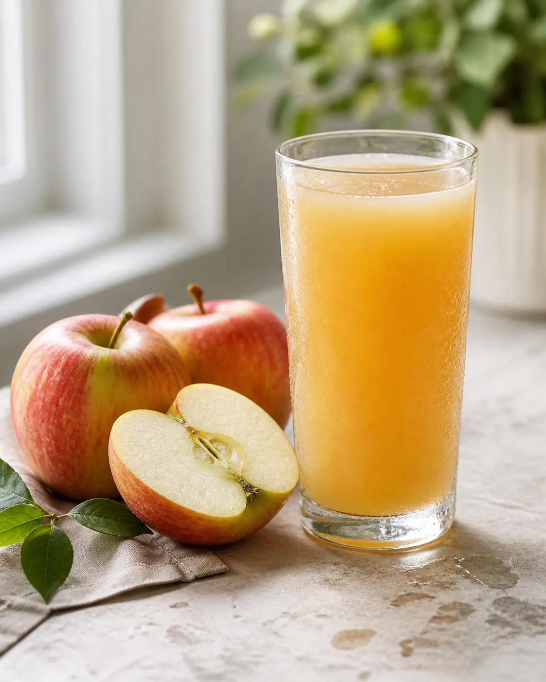 A glass of cloudy apple juice beside whole apples on a pale stone surface