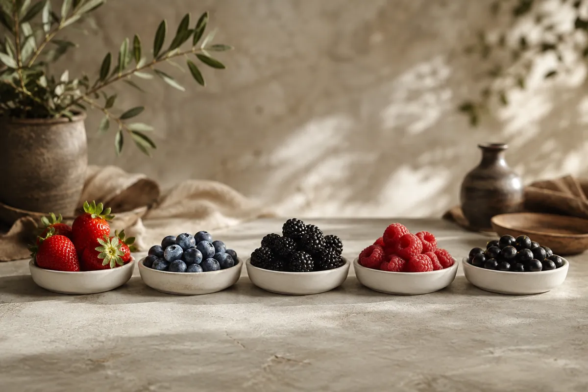 Five small white dishes in a row holding strawberries, blueberries, blackberries, raspberries and blackcurrants