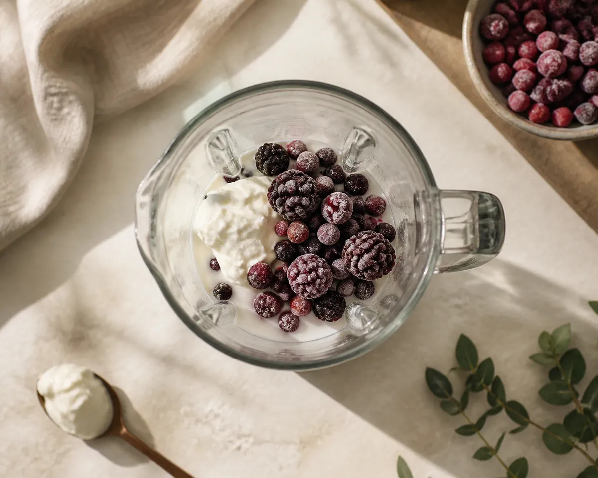 An open blender jug seen from above with milk in the base, a spoonful of yoghurt beside it and frosted frozen berries piled on top