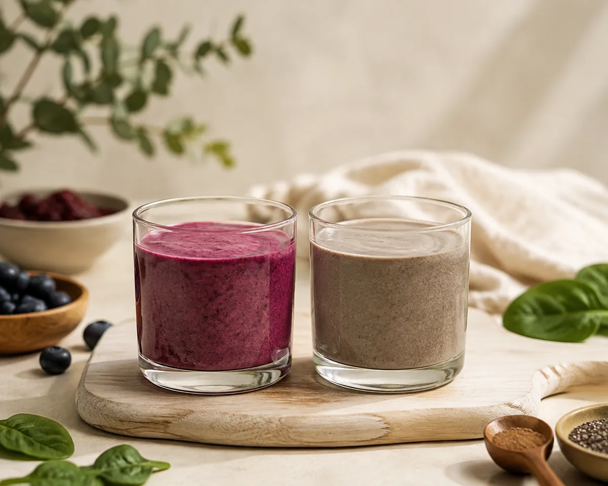 Two filled glasses side by side, the left a bright magenta-purple smoothie and the right a dull grey-brown one