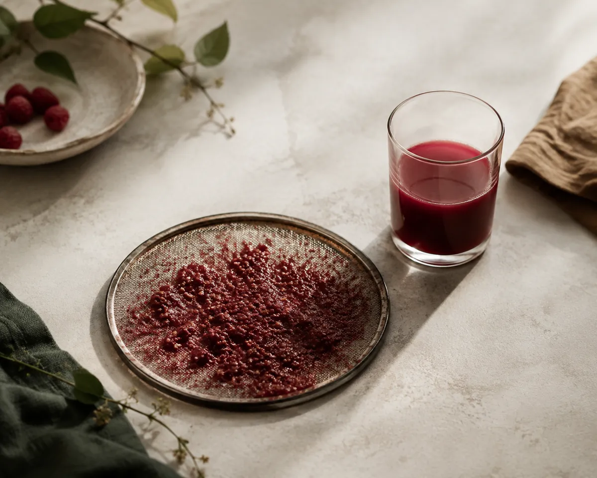 A juicer's fine mesh screen clogged with raspberry seeds and dry pulp, beside a small glass of thin red juice