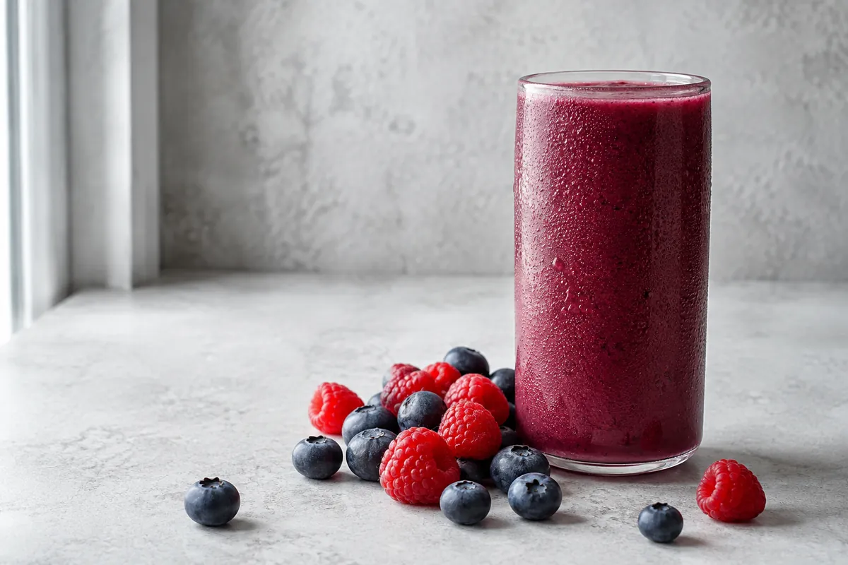 A tall glass of deep purple berry smoothie beside fresh raspberries and blueberries