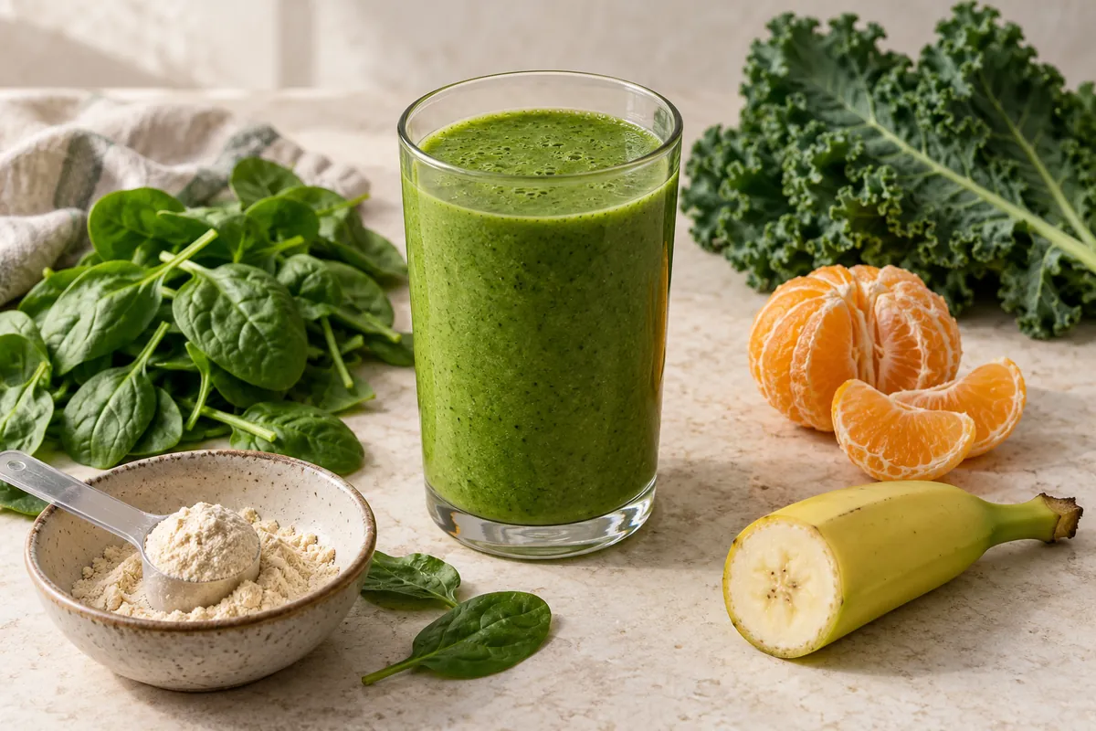 Fresh green smoothie beside baby spinach, mature kale, citrus, and measured powder ingredients