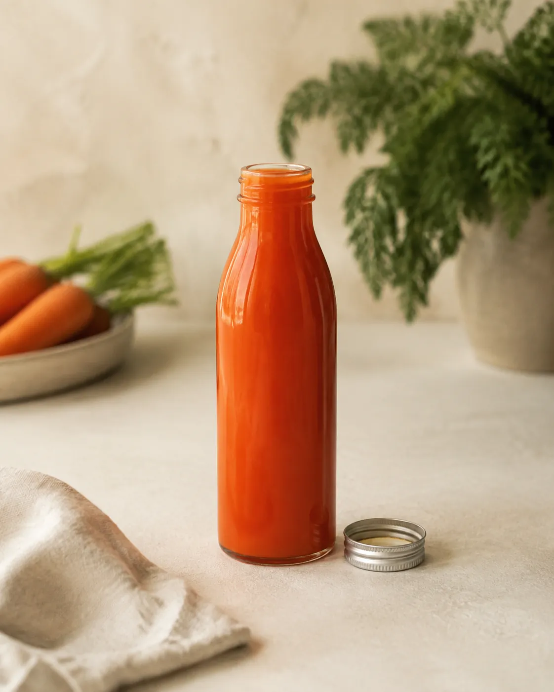 A glass bottle of deep orange juice filled to the very top with its lid off, standing on a fridge shelf