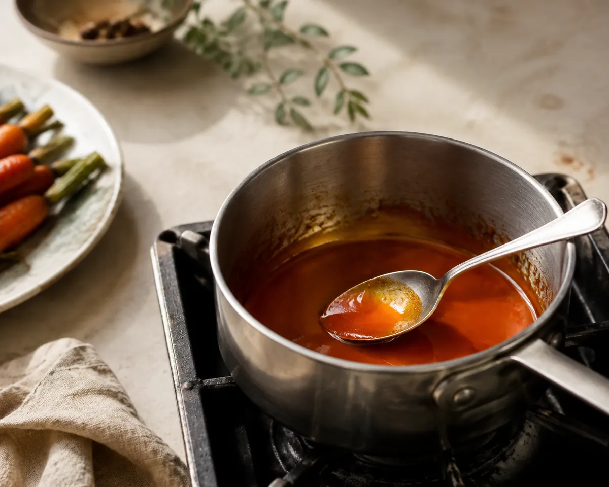 A small pan of glossy reduced carrot glaze with a spoon lifting a coating of it