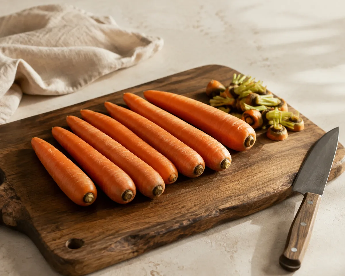 Scrubbed unpeeled carrots on a wooden board with their green tops and woody crowns trimmed off and set aside