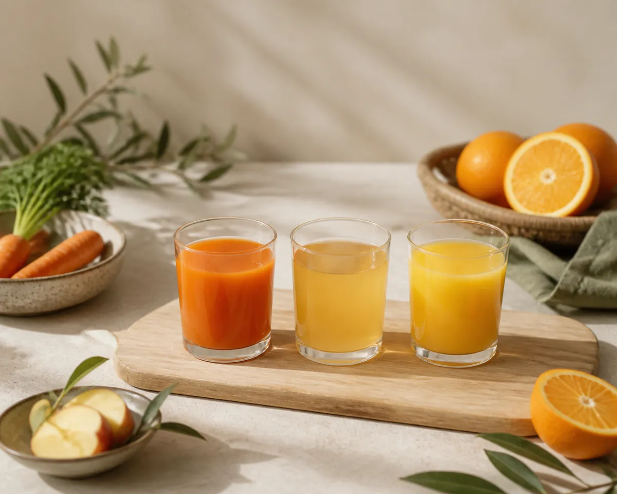Three small glasses in a row holding deep orange carrot juice, pale cloudy apple juice and orange juice