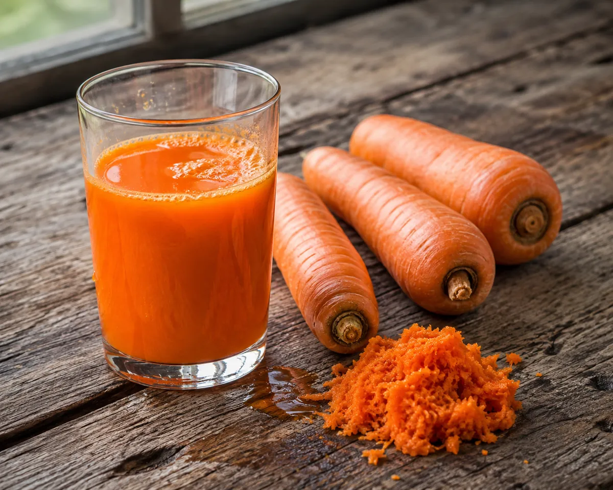 A glass of bright orange carrot juice beside whole carrots and pulp