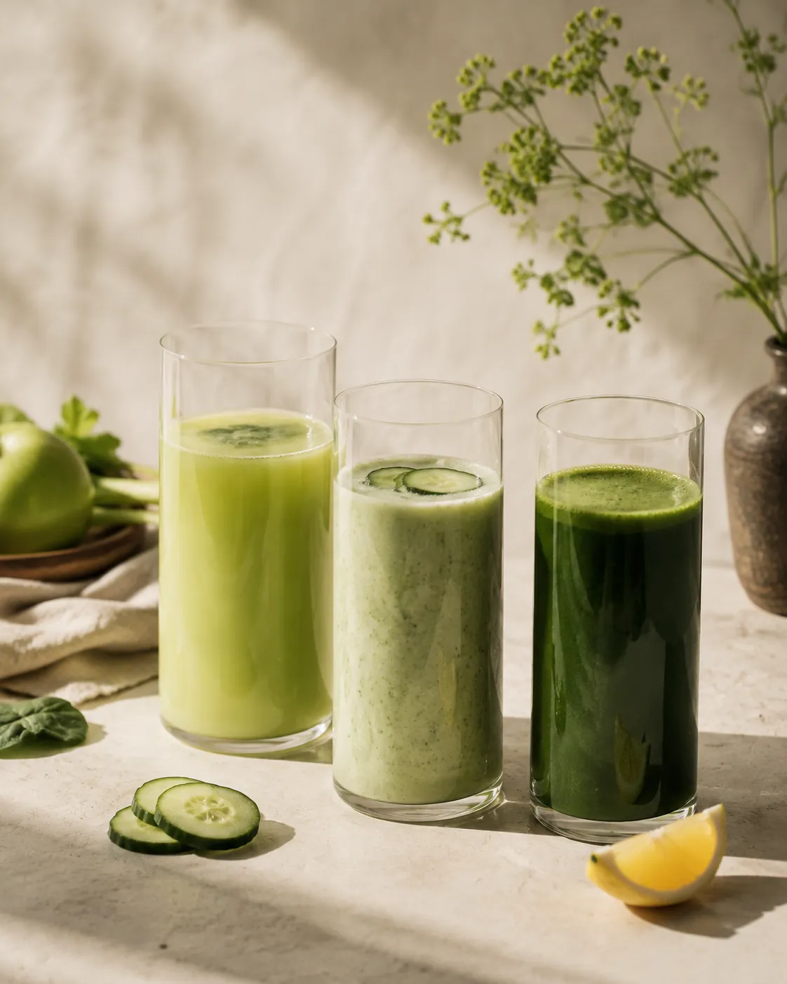 Three tall glasses in a row holding a pale green juice, a paler cucumber blend and a deeper green juice with a lemon wedge alongside