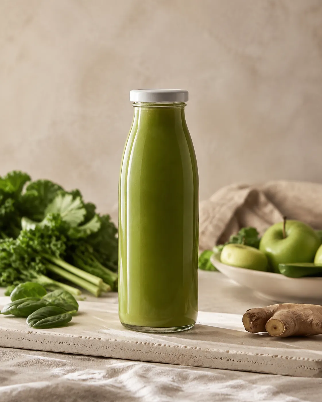 A glass bottle filled to the very top with pale green juice, sealed with a lid and standing on a cold shelf