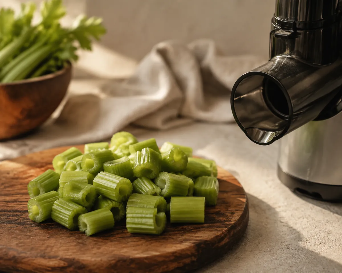Celery cut into short even lengths piled on a board next to the open feed chute of a plain juicer