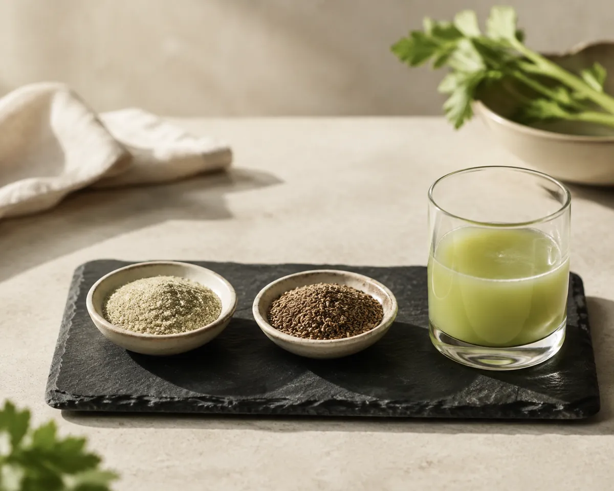 A small dish of celery salt, a dish of tiny brown celery seeds and a glass of pale juice arranged in a row