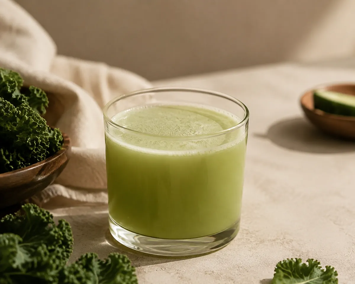 A close view of a short glass of cloudy pale green juice with a fine layer of foam across the surface