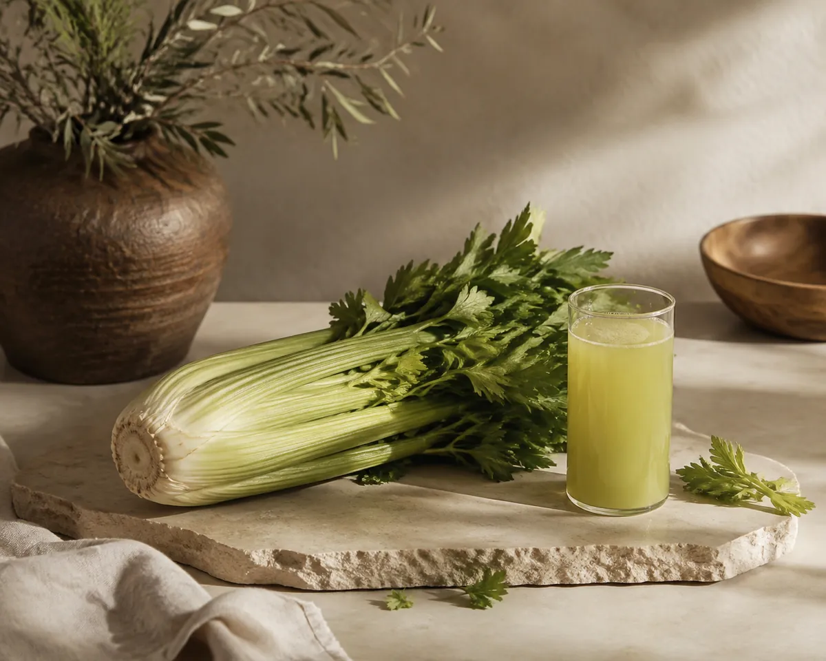 A whole head of pale green celery lying beside a tall glass of cloudy yellow-green juice on a stone surface