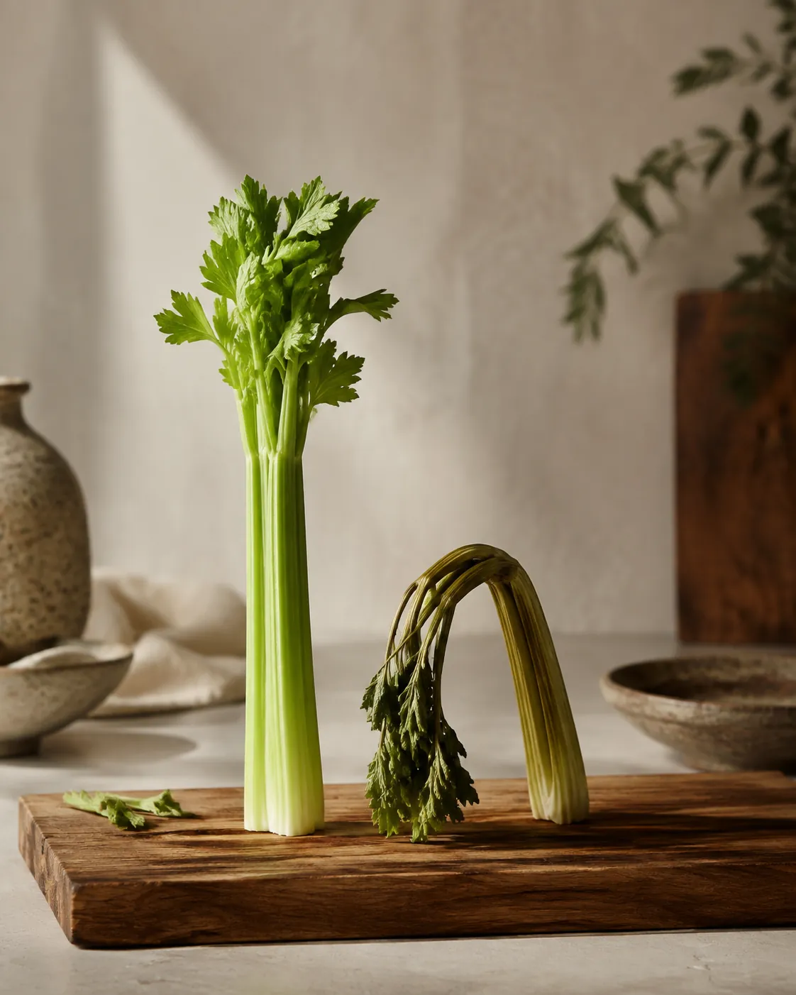 A crisp upright celery rib beside a limp one curling on a wooden board