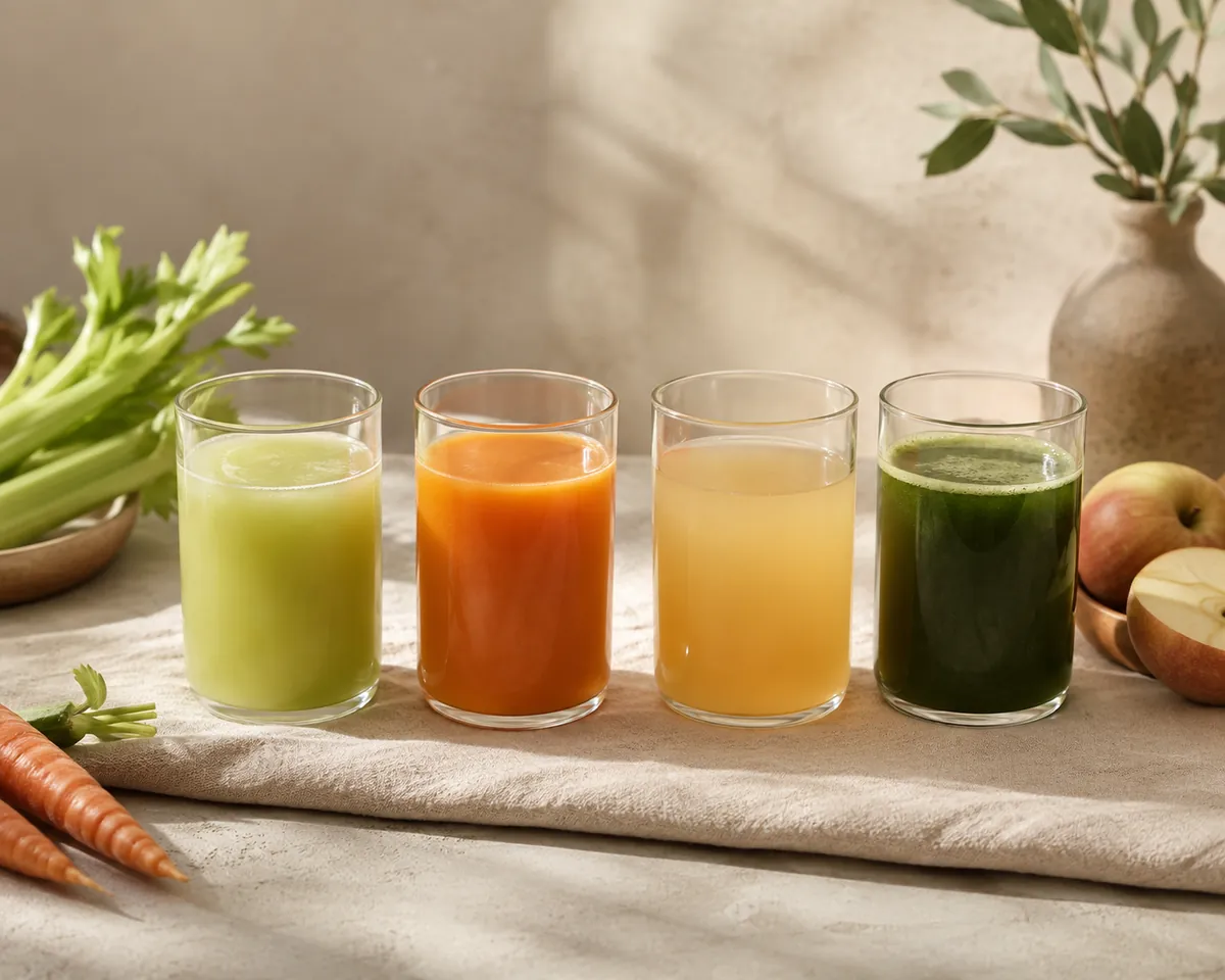 Four glasses in a row holding pale green celery juice, deep orange carrot juice, cloudy apple juice and a dark green blend