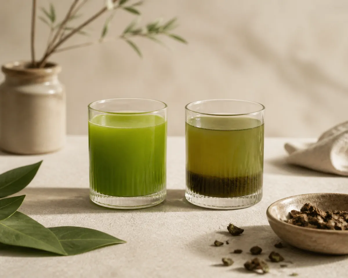 Two glasses side by side, the left bright yellow-green and the right a duller olive with a settled layer at the base