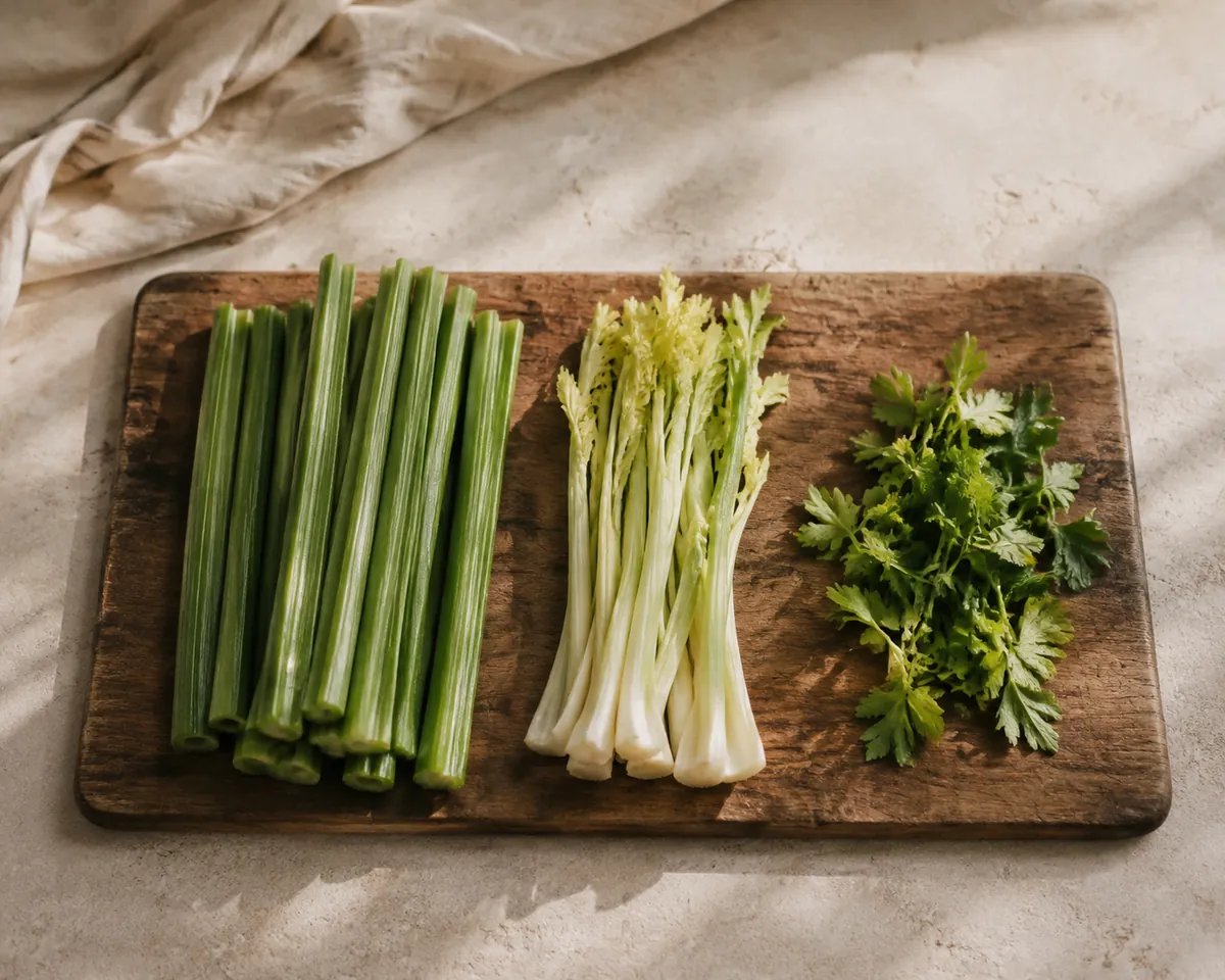 Dark green outer celery ribs, a pale tender heart and a pile of leafy tops laid out separately on a wooden board