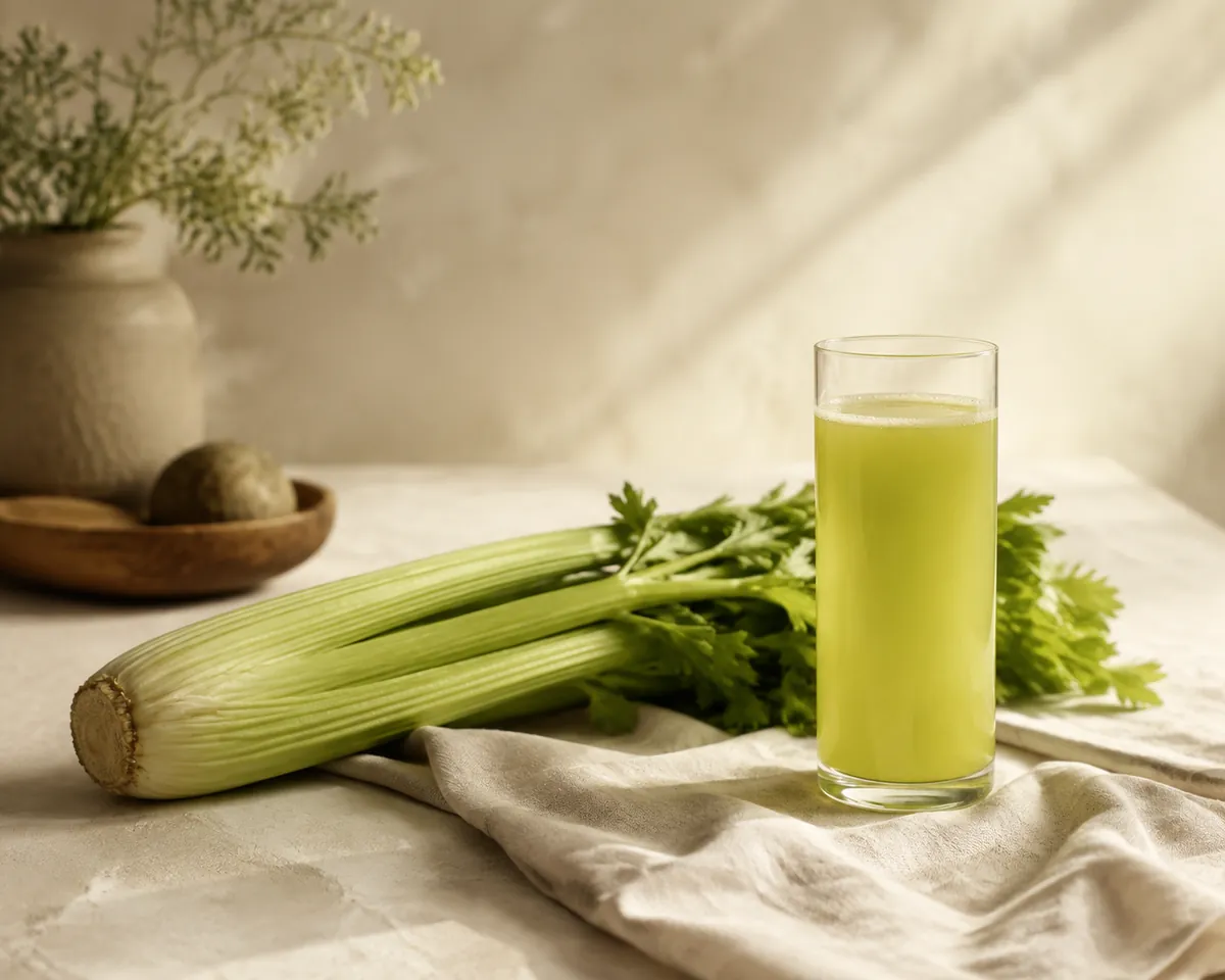 A whole head of pale green celery beside a tall glass of cloudy yellow-green juice