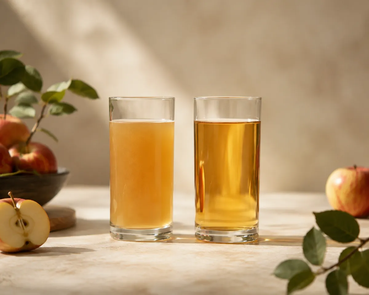 Two identical glasses of apple juice, the left cloudy and pale brown, the right bright and transparent