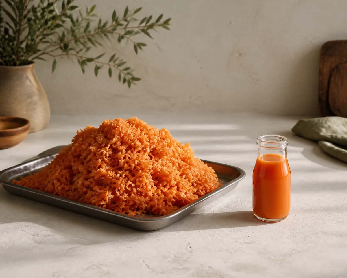 A large heap of damp orange pulp on a tray beside one small bottle of juice