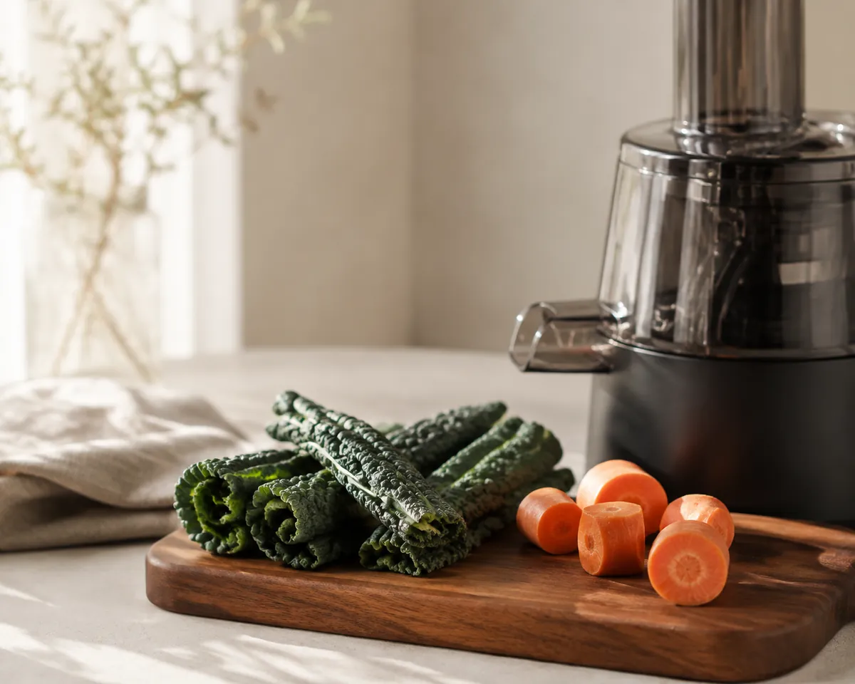 Tightly rolled kale leaves and chunks of carrot waiting beside the feed chute of a slow juicer