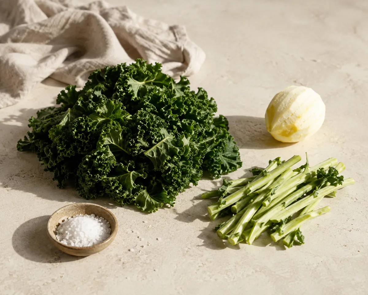 Curly kale with its leaves stripped from the bare stems, the stems heaped to one side, a peeled lemon with the pith removed, and a pinch of coarse salt in a small dish