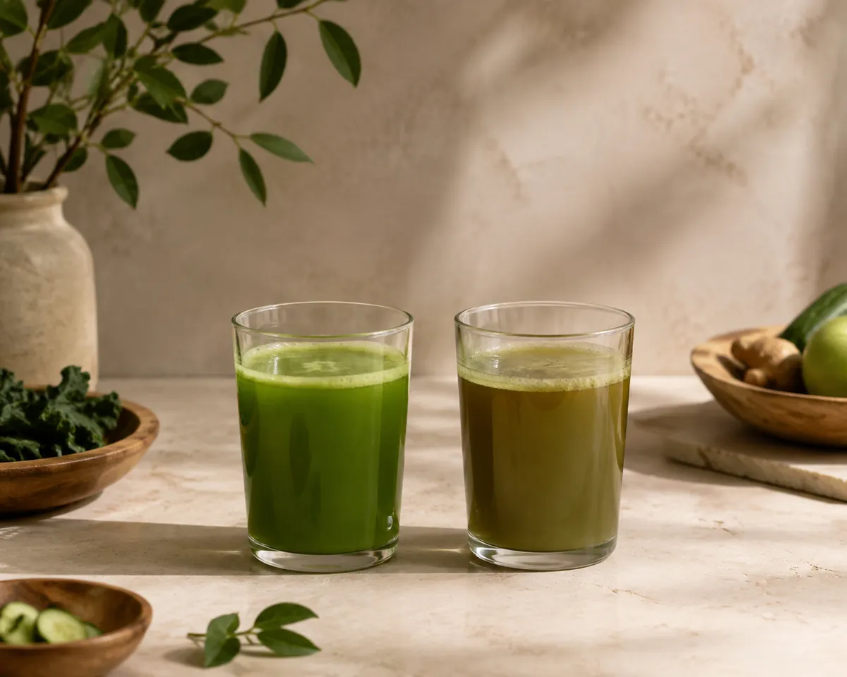 Two glasses of green juice side by side, the left bright fresh green and the right dulled to a flat olive with a separated layer on top