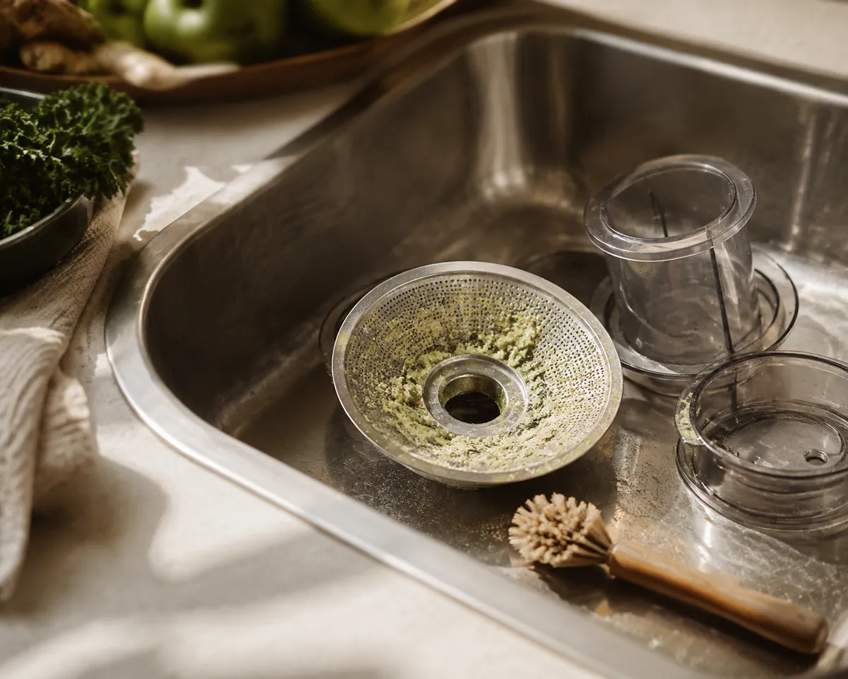 A juicer's fine mesh screen clogged with dried green pulp, a stiff brush lying beside it in the sink