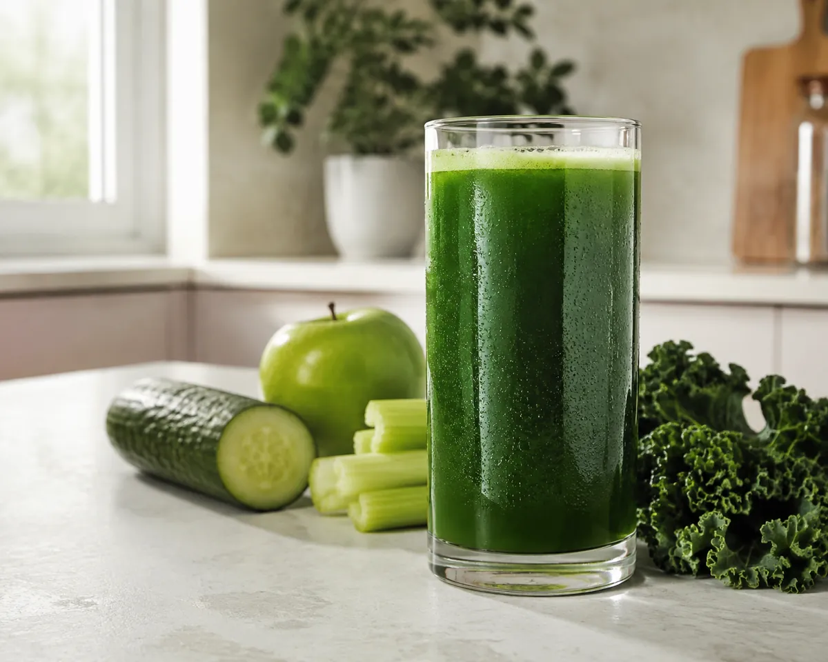 A glass of green juice beside kale, cucumber, celery and a green apple