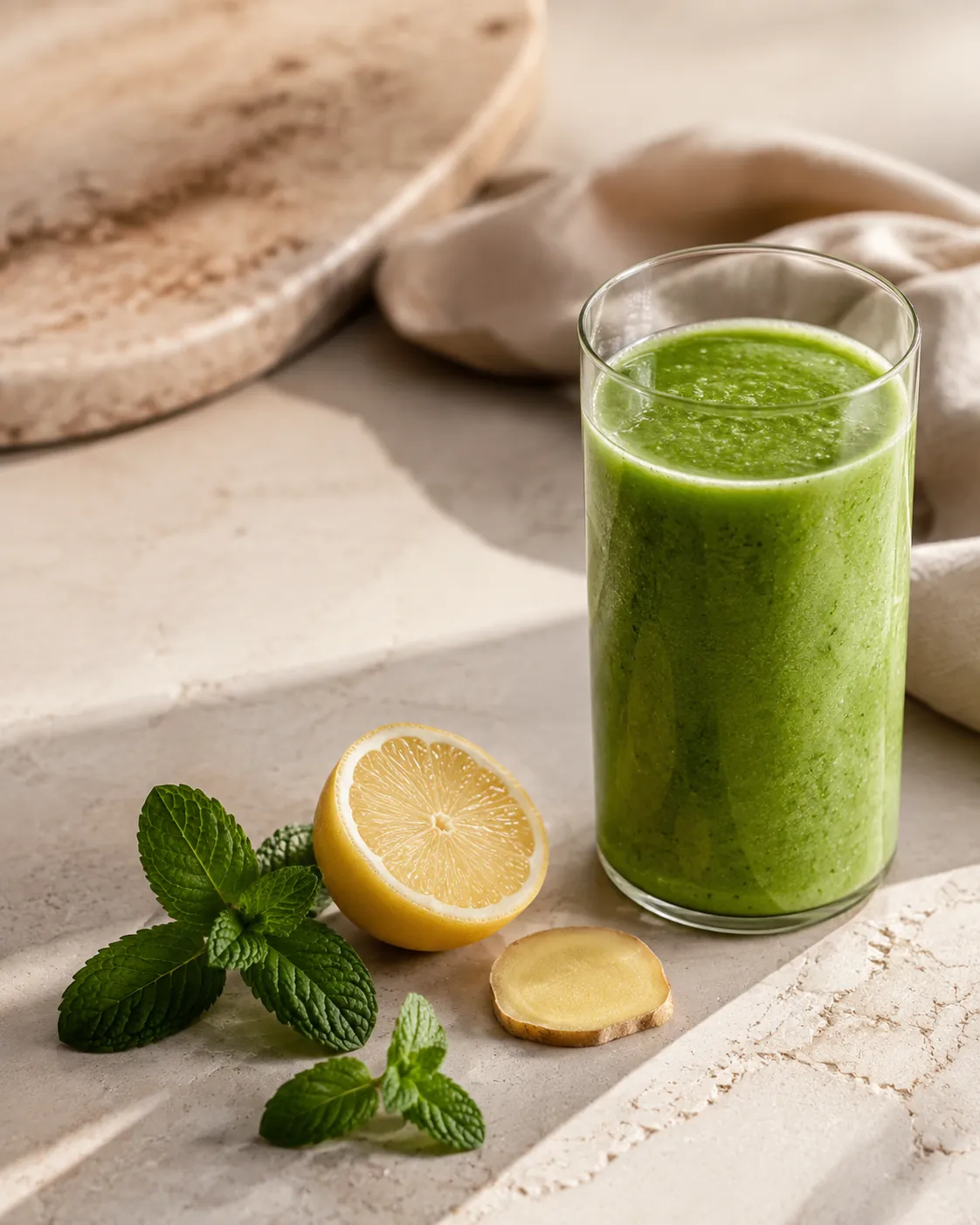 A halved lemon, two sprigs of mint and a thin slice of fresh ginger arranged beside a tall glass of green smoothie